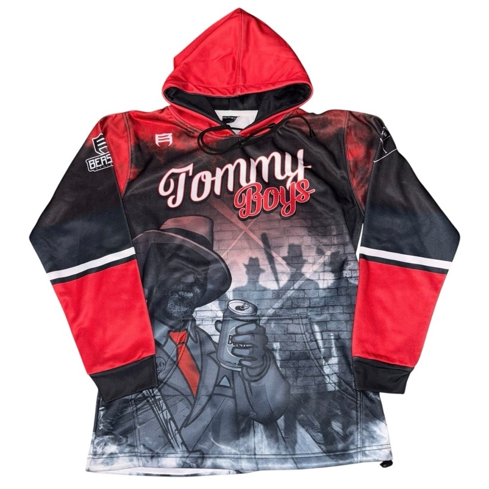 Beaserh Men’s Medium Tommy Boys Hoodie Graphic Red Black Streetwear 46 NWOT